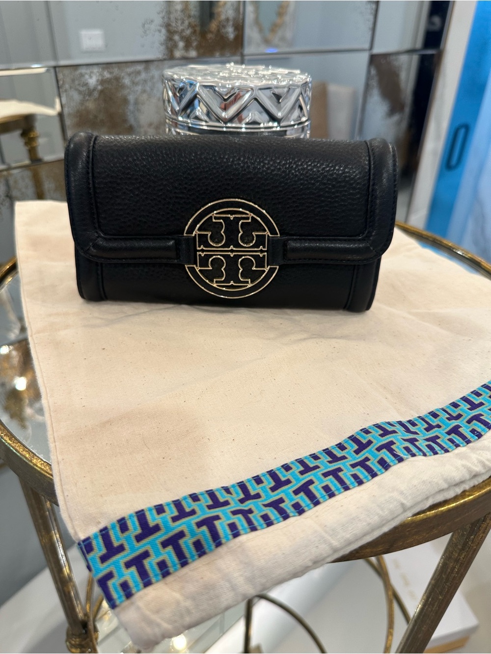 Tory Burch Black Leather Logo Clutch with Gold Hardware